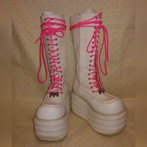 Rare Vintage White Lace Up Knee High Combat Platform Demonia Boots Shoes